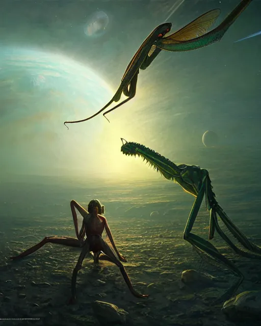 Image similar to a giant space praying mantis eats planet, photo realistic, epic composition, epic light, high details by greg rutkowski and mark marc simonetti