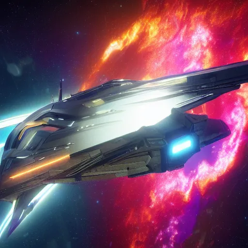 Prompt: Elite Dangerous Ship flying in a nebula next to a wormhole screenshot 4k photorealistic HDR