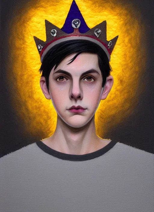 Image similar to portrait of teenage jughead jones wearing a light grey crown, photorealistic, crown made of fabric, crown with pin badges, crown with pins, crown made of felt, black hair, intricate, elegant, highly detailed, digital painting, glowing lights, artstation, concept art, smooth, sharp focus, illustration, art by wlop, mars ravelo and greg rutkowski