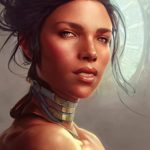 Image similar to beautiful, strong, mixed race, female, aged 4 0, face, head shot, fantasy, highly detailed, digital painting, artstation, concept art, smooth, sharp focus, illustration, art by artgerm and greg rutkowski and alphonse mucha