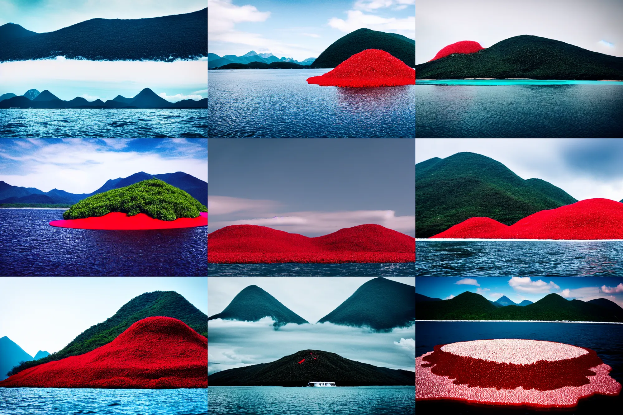 Image similar to an island made of red caviar, in the center of the island there are mountains made of white ice cream, the water around this island is made of coca - cola ( dark brown water ), the photo was taken from a boat, 3 5 mm, cinematic