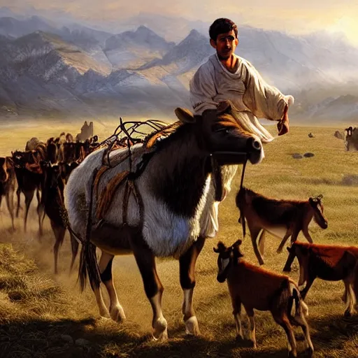 Image similar to a young boy kurdish shephard riding a donkey herding cows in the kurdish mountains art by martin ansin, highly detailed, 8 k, high resolution, award winning art, incredibly intricate