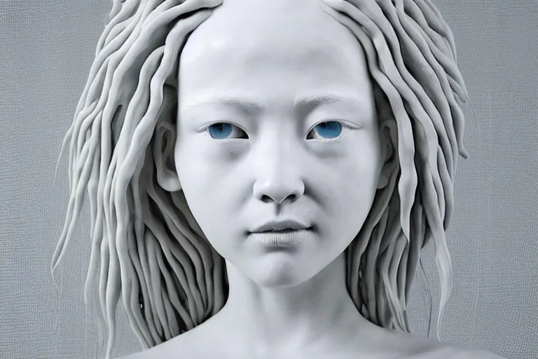 Image similar to full head and shoulders, beautiful female porcelain sculpture by daniel arsham and james jean, smooth, all white features on a white background, delicate facial features, white eyes, white lashes, detailed white, lots of 3 d giant twisting flower hair