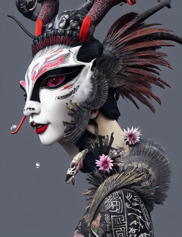 Image similar to 3 d goddess close - up profile portrait punk with mohawk with ram skull. beautiful intricately detailed japanese crow kitsune mask and clasical japanese kimono. betta fish, jellyfish phoenix, bio luminescent, plasma, ice, water, wind, creature, artwork by tooth wu and wlop and beeple and greg rutkowski