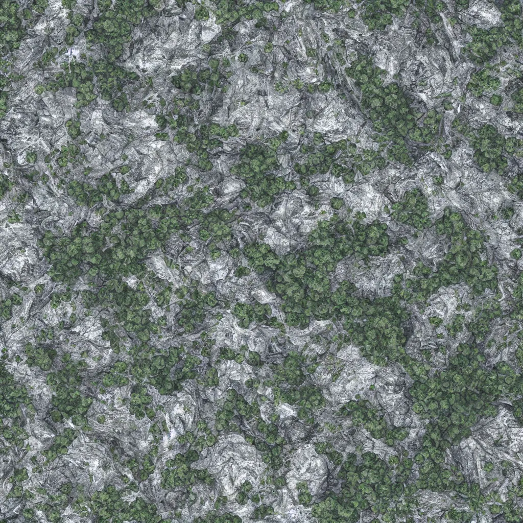 Prompt: overhead view of terrain, 2000 meters squared, photorealistic, concept art, seamless texture