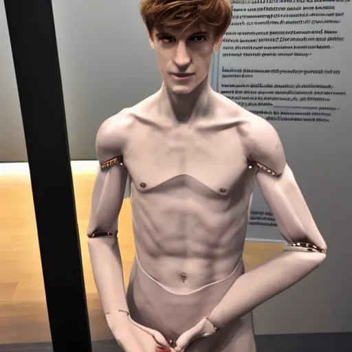 Prompt: a realistic detailed photo of a guy who is an attractive humanoid who is half robot and half humanoid, who is a male android, twitch streamer ninja tyler blevins, shiny skin, posing like a statue, blank stare, at the museum, on display