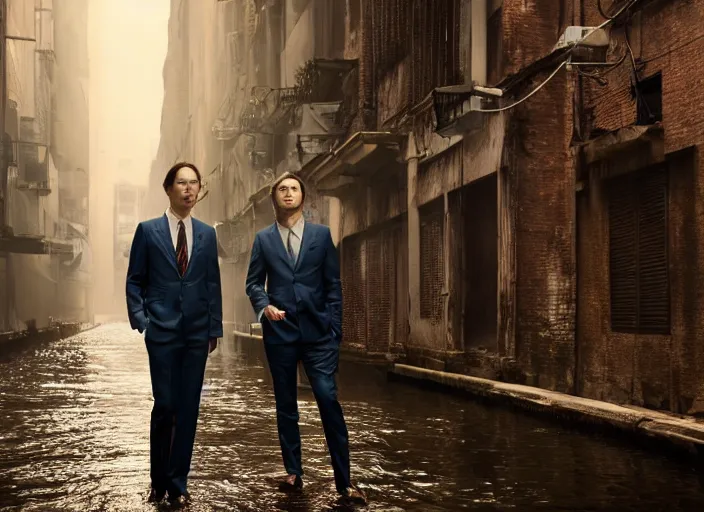 Prompt: a very high resolution image from a new movie, two deer wearing suits, in a narrow chinese alley, surrounded by water vapor, beatiful backgrounds, dramatic lighting, directed by wes anderson