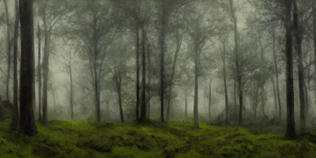 Prompt: Forest in the style of Roch Andreas, cinematic, 4k ,35mm, photorealism, clouds, painting