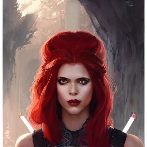 Image similar to portrait of a girl wearing deadpool costumes, upper body, red hair, long hair, d & d, fantasy, fierce, sharp features, intricate, elegant, highly detailed, digital painting, artstation, concept art, matte, sharp focus, illustration, art by artgerm and greg rutkowski and alphonse mucha