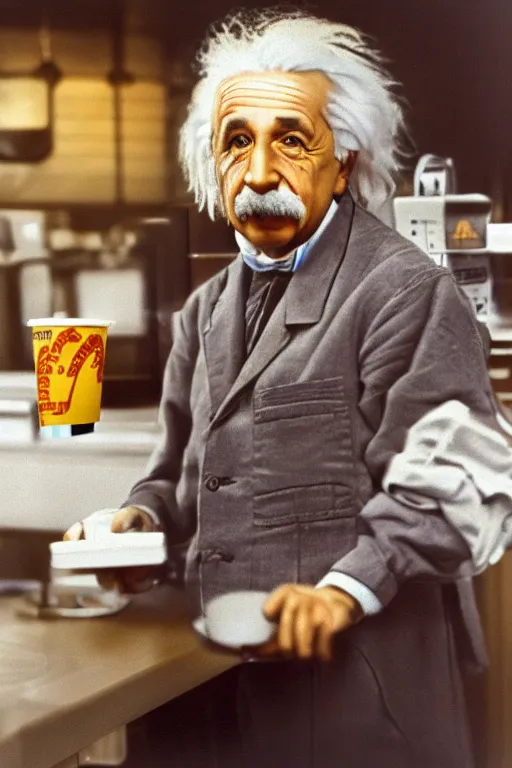 Prompt: intricate color photo of albert einstein, working in mcdonalds serving a customer, 8 k octane beautifully detailed render