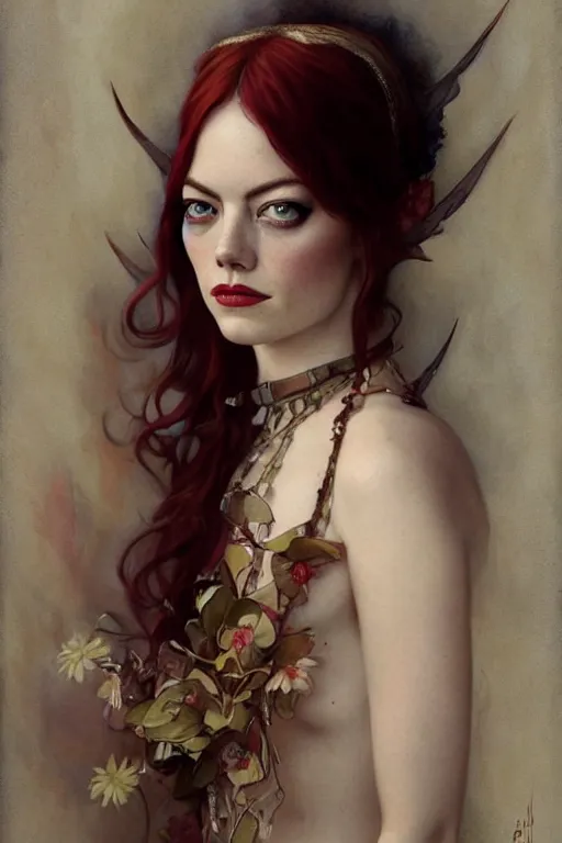 Image similar to Emma Stone by Tom Bagshaw in the style of Gaston Bussière, art nouveau