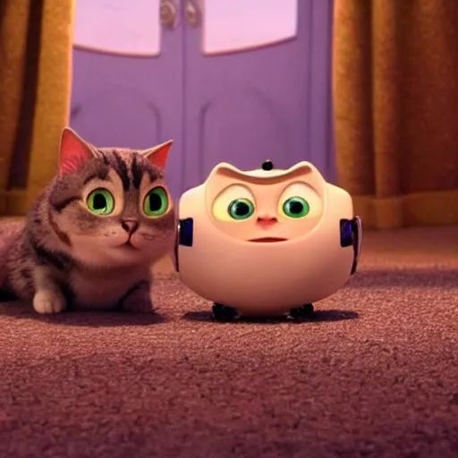 Image similar to pixar movie about a robot cat movie still