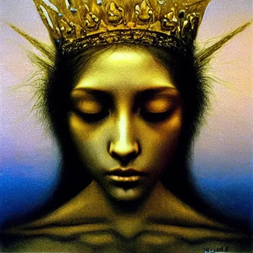 Prompt: teen queen with golden hairs in golden crown, very pale, with blue eyes, painting by Beksinski