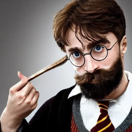 Prompt: harry potter with long beards and beautiful mustache, combing his beard