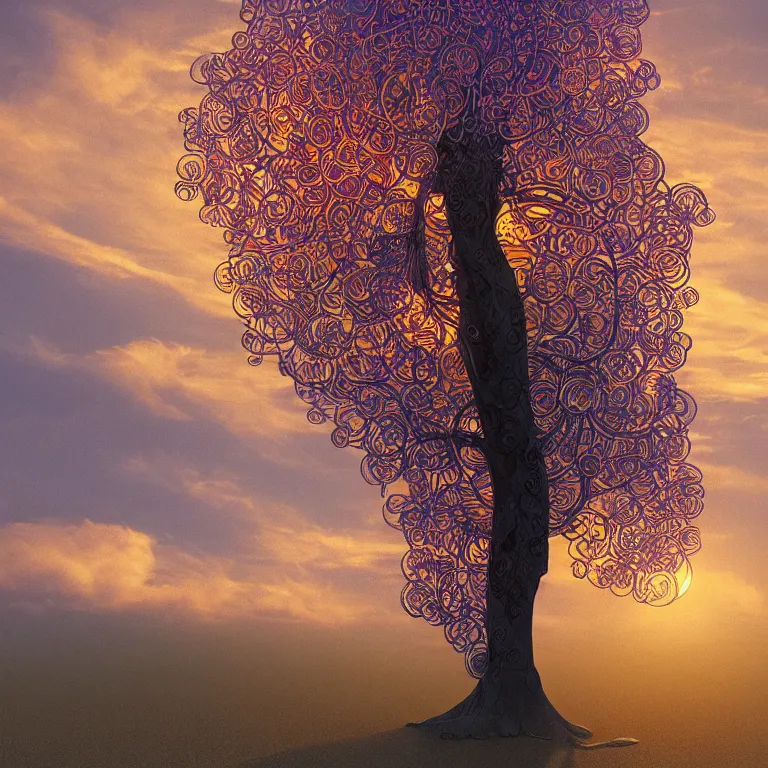 Image similar to The Bodhi Tree at Sunset, beautiful art with volumetric lighting, by Jonathan Zawada, Alphonse Mucha, beeple, Pi-Slices and Kidmograph