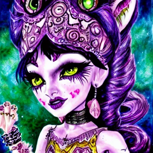 Prompt: josephine wall watercolor drawing of a monster high universe clawdeen wolf fullmoon