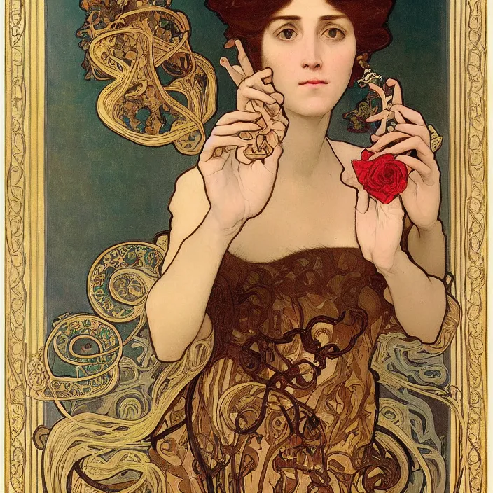 Image similar to portrait of a woman with a rose made of smoke in her hand, horns, snakes, smoke, flames, full-length, oil painting in a renaissance style , very detailed, gold background, painted by Alphonse Mucha.