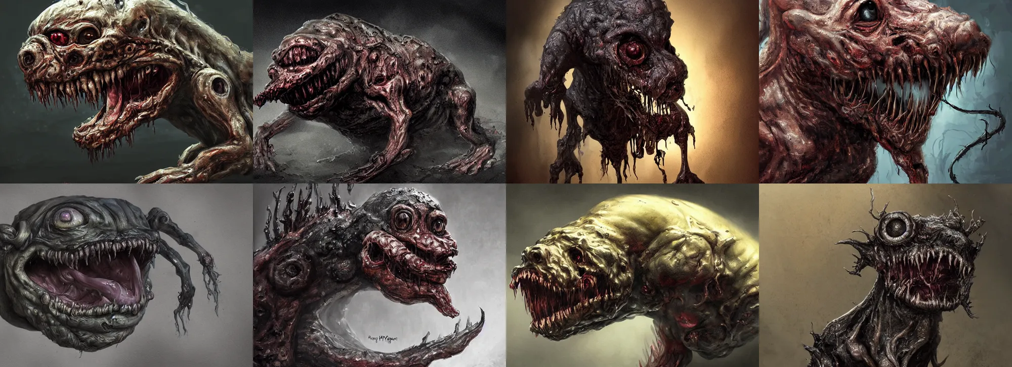 Prompt: a nightmarish slimy monster puppy, with black eyes, rotting flesh, exposed bone, by neville page, concept art, dramatic lighting, highly detailed digital painting