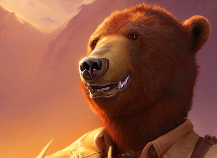 Image similar to character portrait feature of the anthro male anthropomorphic kamchatka brown bear fursona wearing cowboy outfit wild west desperado character design stylized by charlie bowater, ross tran, artgerm, and makoto shinkai, detailed, soft lighting, rendered in octane