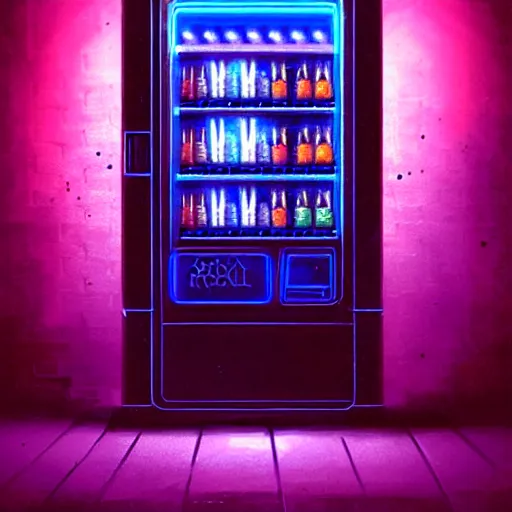 Image similar to a vending machine dimly neon lighting a dark alley, by greg rutkowski and gaston bussiere, dim purple and blue neon lighting, beautiful volumetric - lighting - style atmosphere, futuristic atmosphere, intricate, detailed, photorealistic imagery