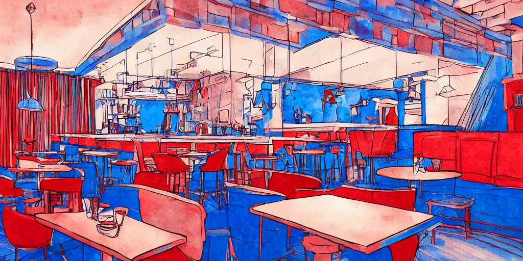 Image similar to cafe interior, blue and red tones, animated film, illustration