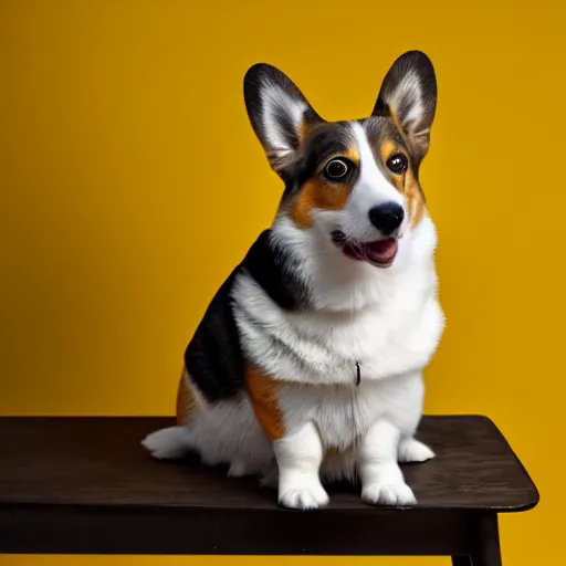 Image similar to a corgi looking at the camera, sitting on a yellow platform, wearing an elegant gucci leather vest, studio lighting, yellow background, 4K HD photography, 85mm