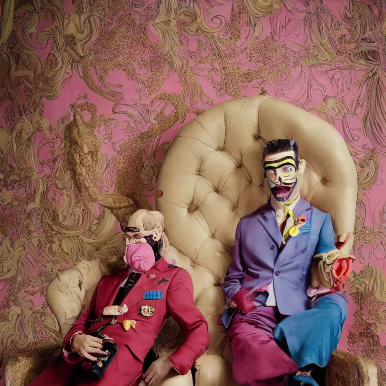 Image similar to vogue photoshoot octane render portrait by wayne barlow and carlo crivelli and glenn fabry, focus on an eccentric man in a bright colorful pastel wes anderson uniform and a latex mask inside a high - end exotic vintage boutique hotel lounge, very short depth of field, bokeh