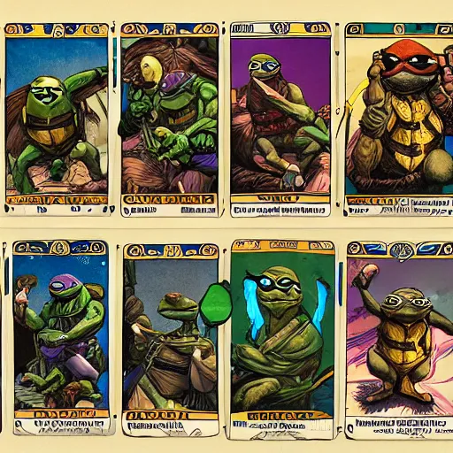 Image similar to The full set of tarot cards in the style of ninja turtles, hyperrealistic, highly detailed, depth of field, High definition, 8k, octane render, artstation
