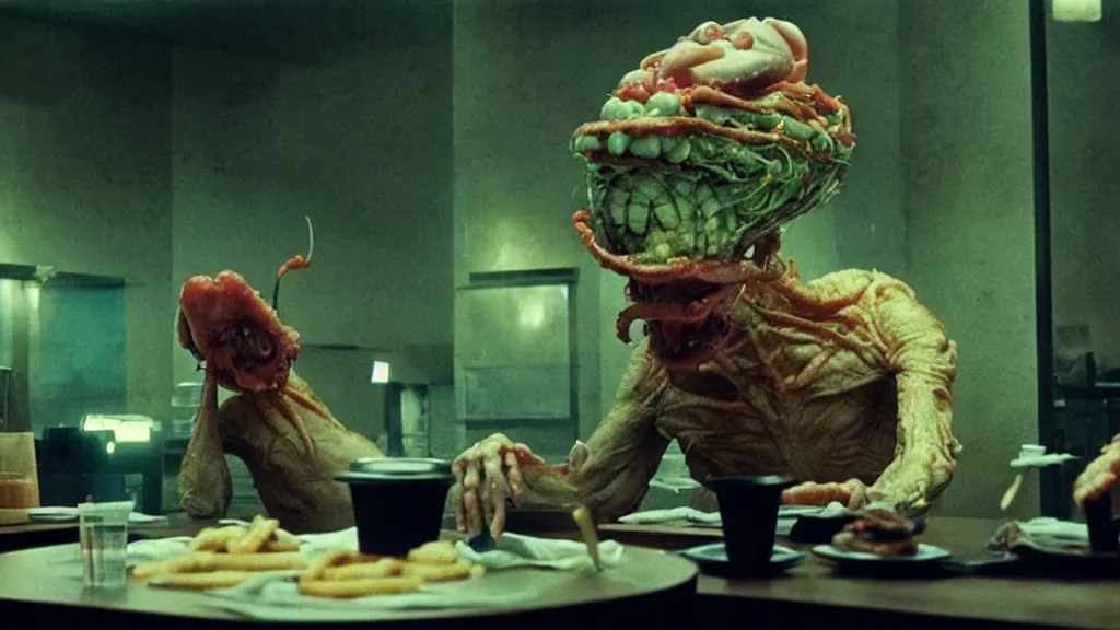 Prompt: the strange creature at the fast food place, film still from the movie directed by denis villeneuve and david cronenberg with art direction by salvador dali and zdzisław beksinski, wide lens