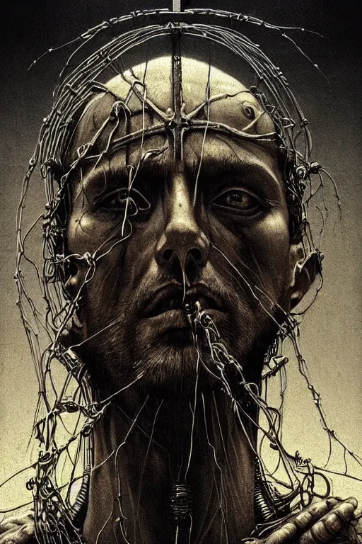 Prompt: a portrait of a cybernetic jesus nailed to a cross, wires, horror art by beksinski and giger and seb mckinnon and josan gonzalez, digital art, highly detailed, intricate, sharp focus, trending on artstation hq, deviantart, pinterest, unreal engine 5, 4 k uhd image