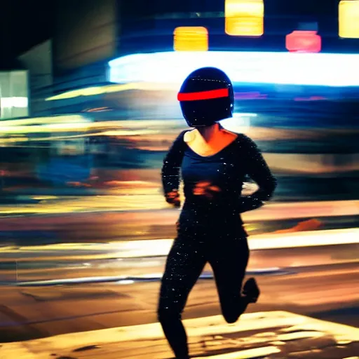 Image similar to editorial photo of a woman wearing scifi helmet running motion blur, cyberpunk night, city, raining