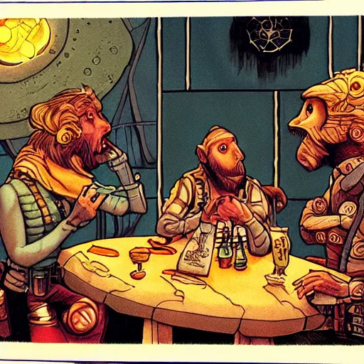 Image similar to scruffy punk starship crew sitting at table and getting drunk and singing folk music, extraterrestrials, alien 1 9 7 9, ron cobb, jim henson creature shop, mike mignogna, highly detailed, comic book, science fiction, used future