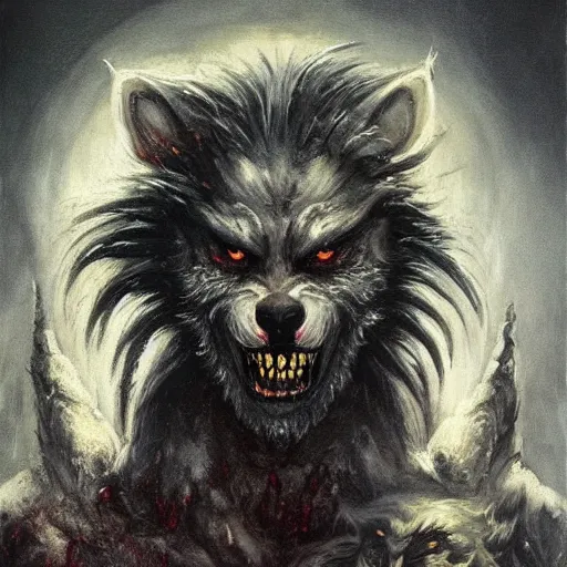 Image similar to werewolf lycanthrope monster makeup grinning grimpunk vile reprobate portrait portrait Wolfman Wolfman Fenrir with tombow odd nerdrum greg rutkowski frank frazetta alexandre briclot Dave Dorman splatterpaint