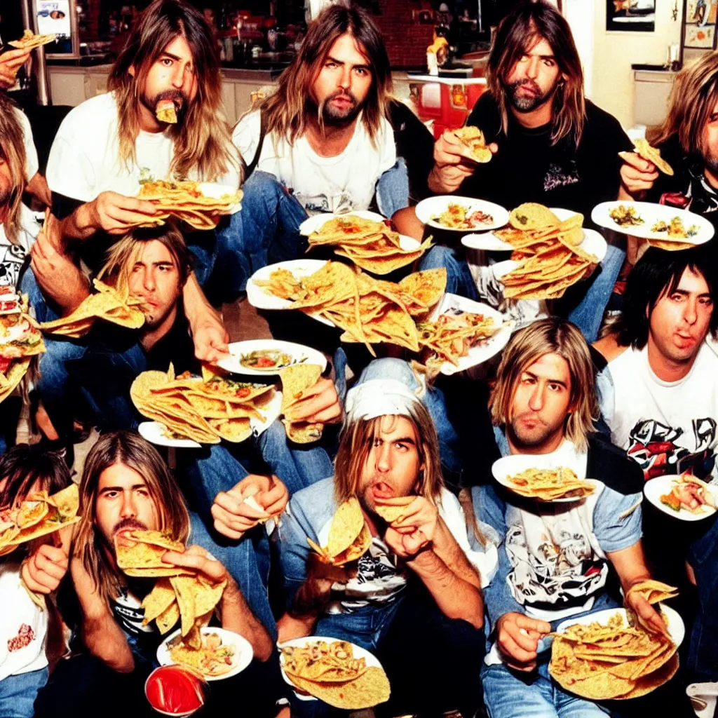 Prompt: nirvana band members eating tacos in 9 0 s photography style