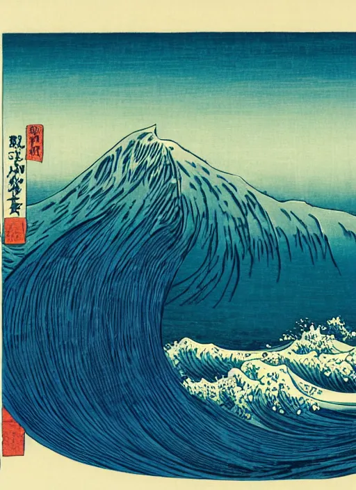 Image similar to a painting of waves in the ocean with mountains in the background, a woodcut by utagawa hiroshige ii, pixiv, ukiyo e, ukiyo e, vaporwave, woodcut