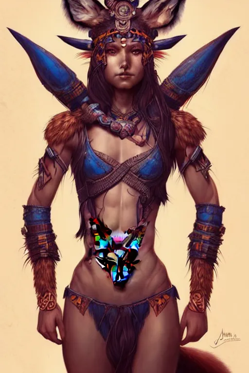 Image similar to digital art, centered full body of an Warrior girl with fox headdress ,intricate, veins, by James Jean and by artgerm , by ross tran, ultradetailed, charachter design, concept art, trending on artstation,