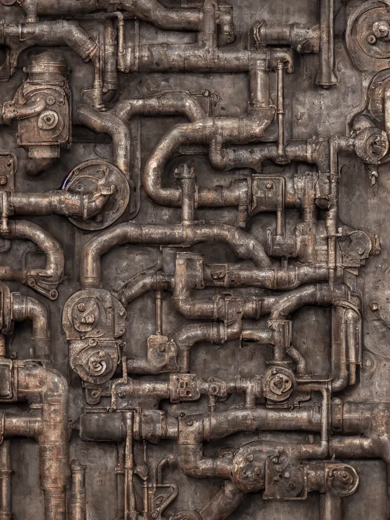 Prompt: relief sculpture carving in rusted steel of machine guns, industrial leaky pipes, valves, steam, dramatic lighting, hyperrealistic, ultrarealistic, intricate details, 4k