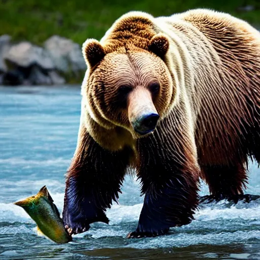 Prompt: ultra realistic photograph of a grizzly bear eating a fish, ultraHD, award winning, Pulitzer