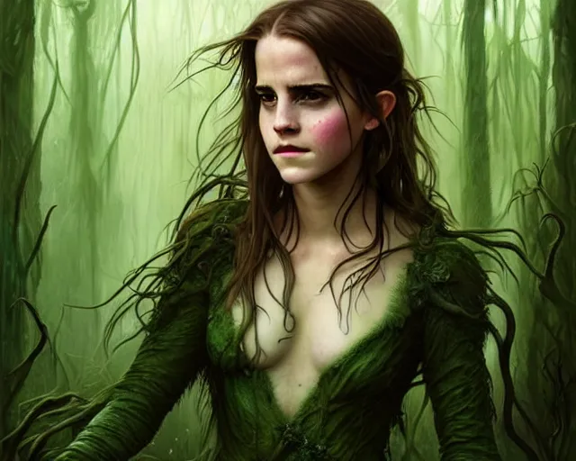 Image similar to mindblowing portrait of emma watson as a swamp witch, green colored skin!!, deep focus, d & d, fantasy, intricate, elegant, highly detailed, digital painting, artstation, concept art, matte, sharp, illustration, hearthstone, art by artgerm and greg rutkowski and alphonse mucha