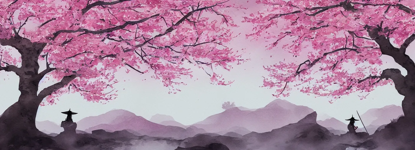 Image similar to A lone samurai watching over a valley of cherry blossom trees, water color painting, concept art, HD