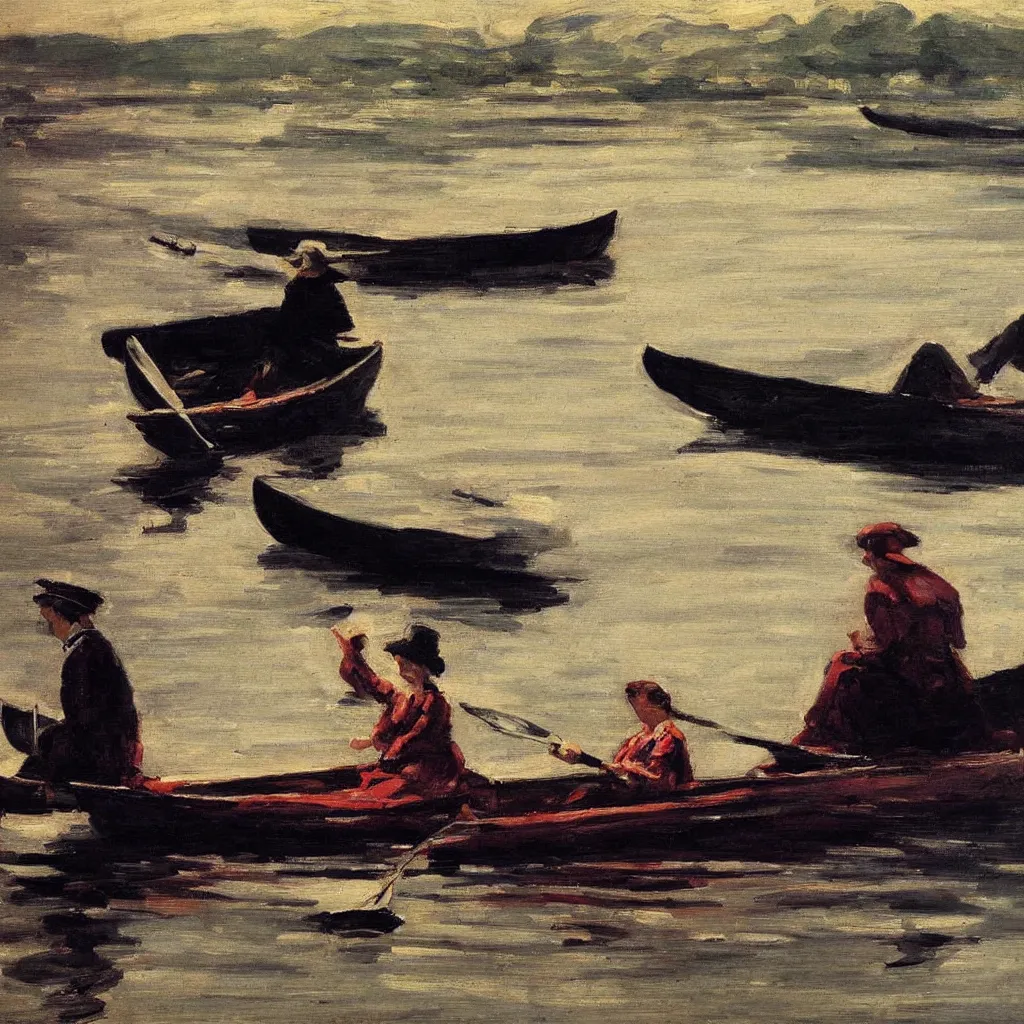 Image similar to a beautiful woman sitting in canoe on the hudson river, oil painting, style of george bellows