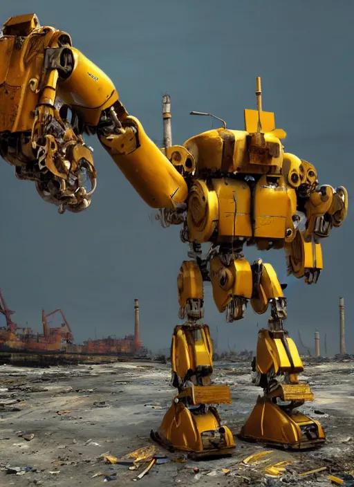 Image similar to a rusty old yellow colored big humanoid mech robot is helping out workers at chittagong ship breaking yard, matte painting, 8 k, artstation, octane, low camera angle, cinematic composition