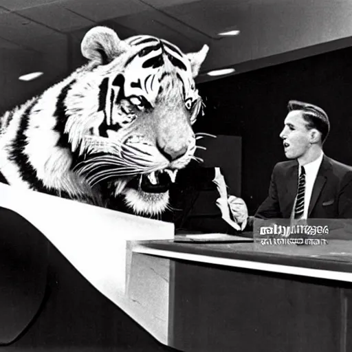 Image similar to 1 9 6 0's news show, a man in a vintage suit sitting behind a silver desk while being attacked by a giant man - eating tiger