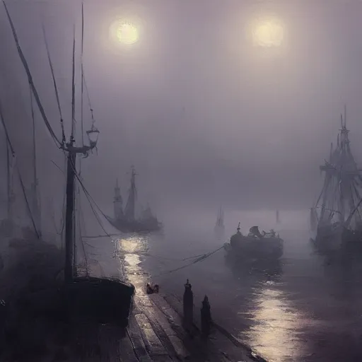 Prompt: concept art of a foggy victorian harbour at night, cinematic, moonlight, street lamps, ships, dark, in the style of greg rutkowski and ruan jia and jeremy lipking and peter mohrbacher, mystical colors, rim light, beautiful lighting, 8 k, stunning scene, raytracing, octane, trending on artstation