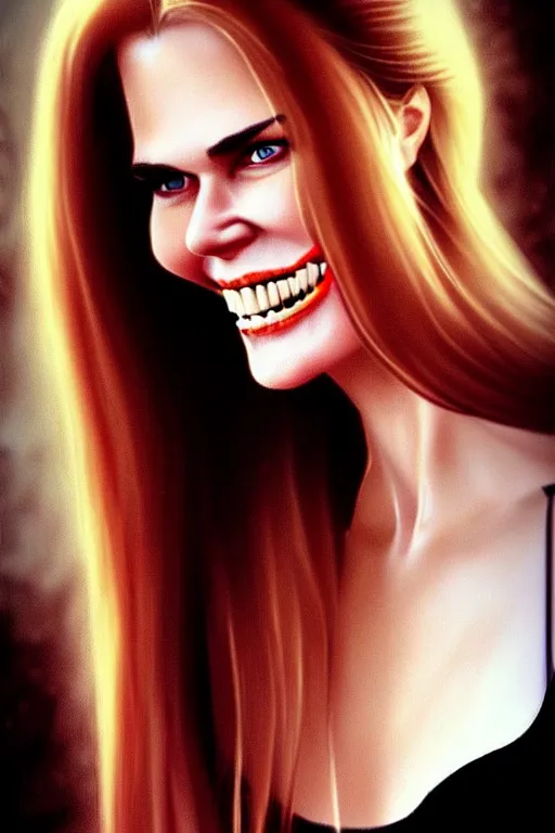 Image similar to mix of beautiful young maria shriver, mariel hemmingway, brooke shields, nicole kidman and elle macpherson as a vampire showing vampire teeth, ready to bite, thin lips, hair tied up in a pony tail, dark blonde hair, colorful, deviantart, artstation, cgsociety