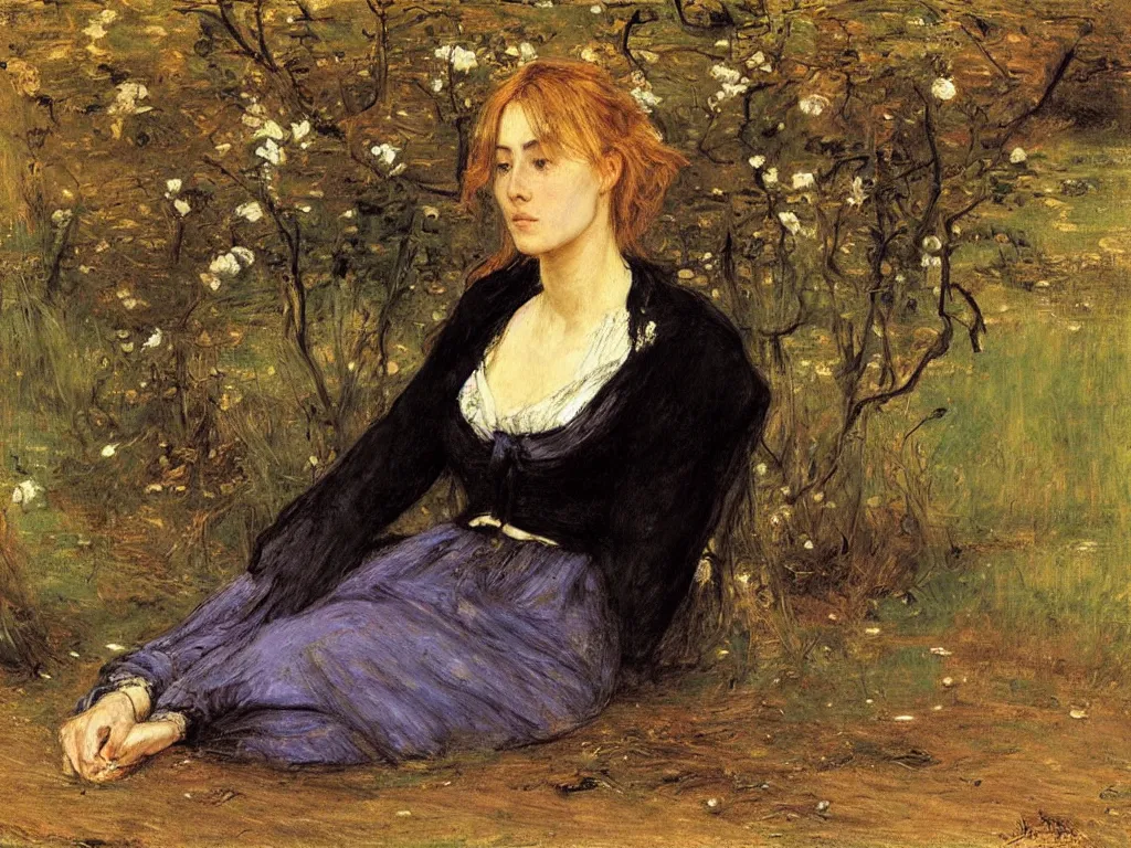 Image similar to Beautiful woman seated in meditation posture. Painting by John Everett Millais