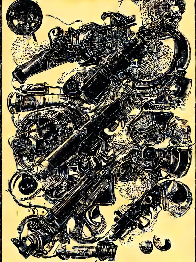 Image similar to symmetrical concentric circle of machine guns shotguns rifles revolvers bullets, dark vintage paperback cover, ultra-realistic, intricate fluid details,