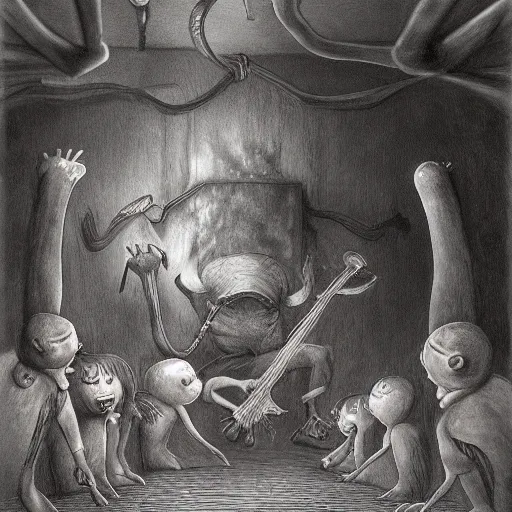 Image similar to a hyperrealistic painting of a demon performing at a childrens birthday party, by john kenn mortensen, highly detailed,