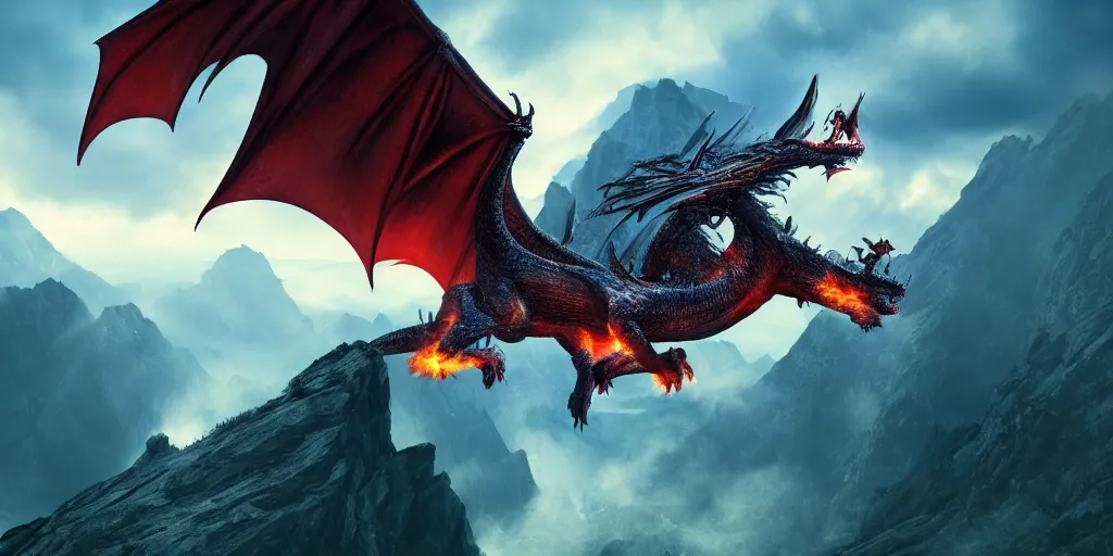 Prompt: One dragon with half open wings breathing fire on the top of a mountain, epic composition, detailed and intricate image, cinematic, 4K