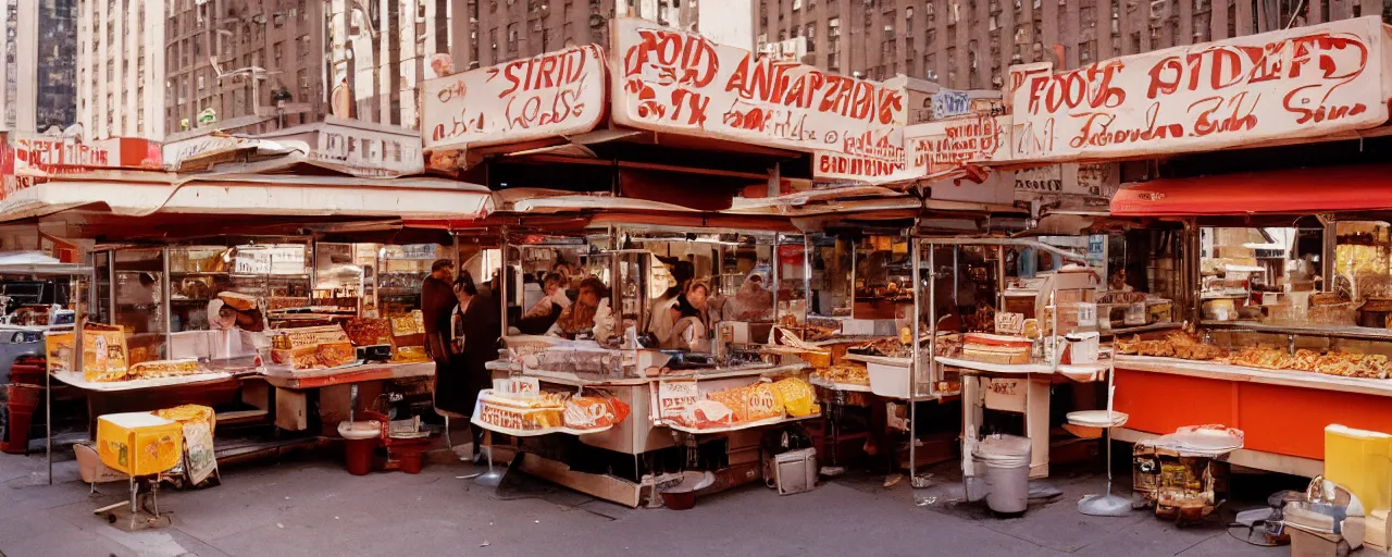 Prompt: food stand featuring spaghetti bowls, in downtown nyc, kodachrome, in the style of wes anderson, retro